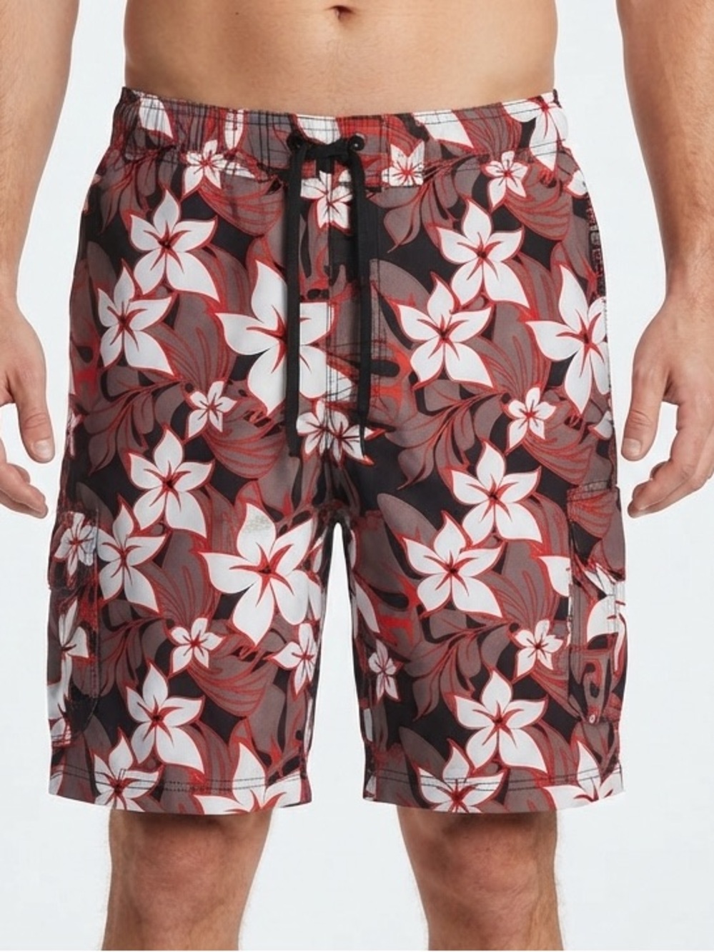 O'Rageous Floral Swim Trunks with Red & White Hibiscus Print Size XL